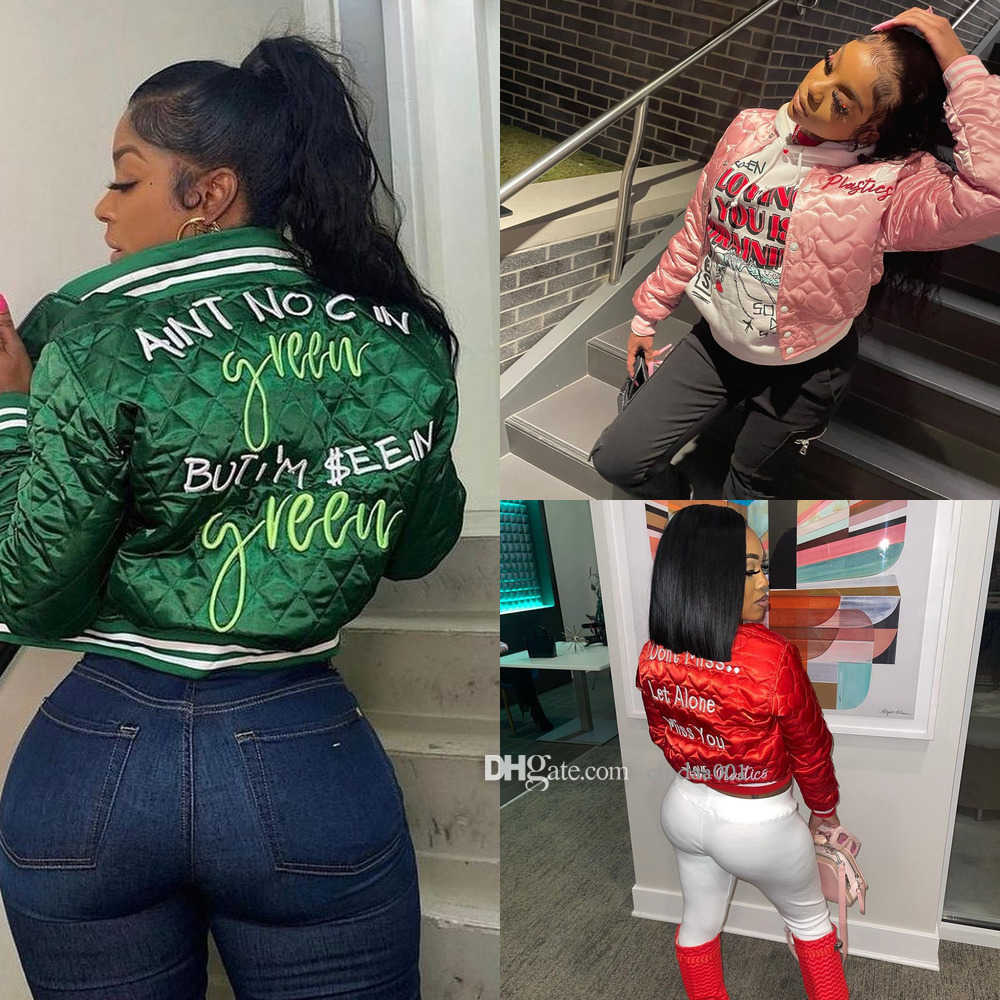 

New Fashion Womens Thick Coats 2022 Autumn And Winter New Leisure Letter Embroidery Quilted Cotton Jacket, Green