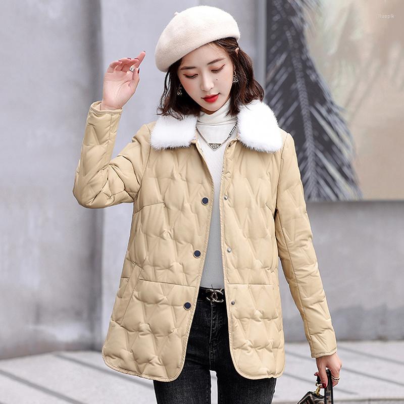 

Women's Leather Down Women Jacket Autumn Winter 2023 Casual Fashion Collar Solid Color Loose Short Sheepskin Coat, Black