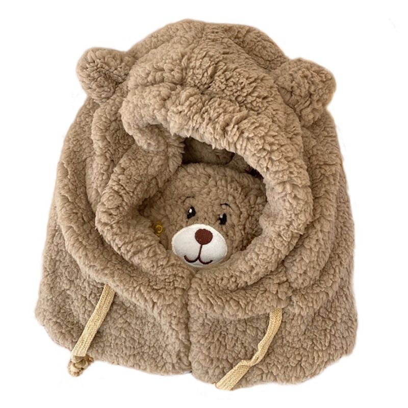 Bear mask all-in-one cap cartoon ears lamb hair cute plush winter warm pullover hat with mask scarf girl