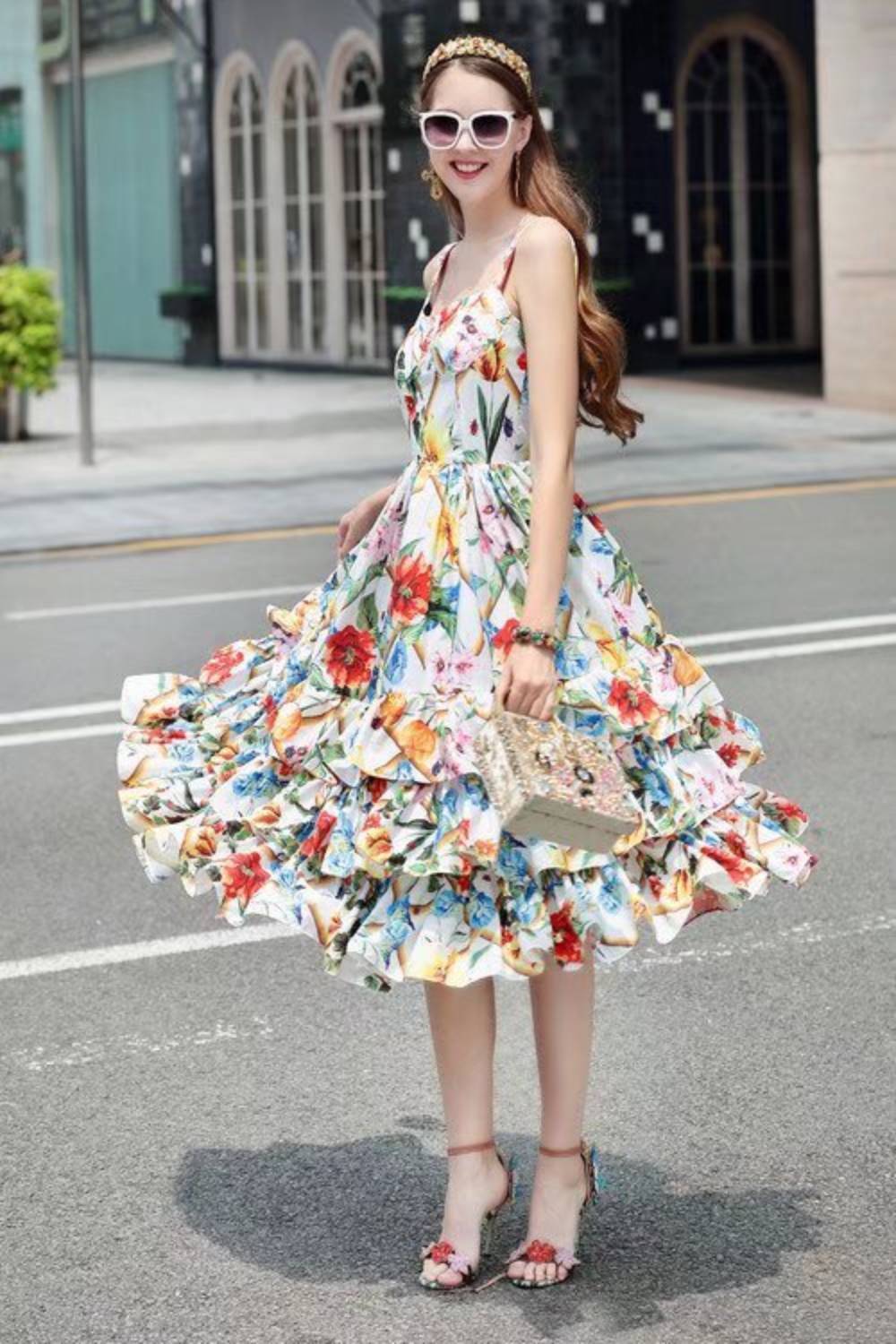 

Runway Dresses Spring/summer runway rose print halter sleeveless mid-length cake beach dress S M  XL, Red