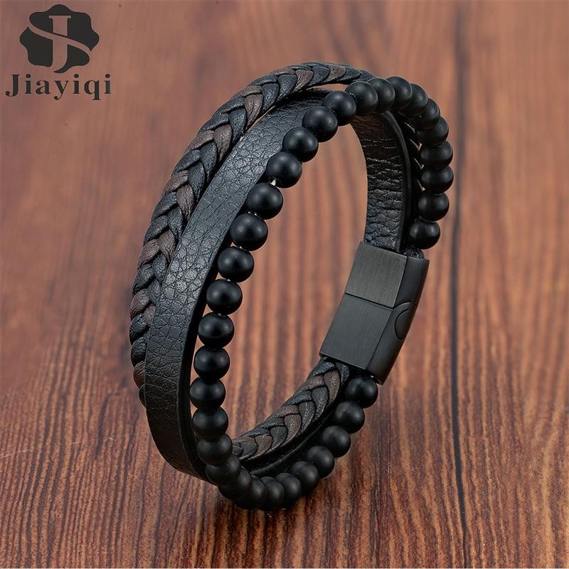 

Fashion Mutilayer Leather Bracelet for Men Charm Stainless Steel Magnetic Clasp Wrap Bangle