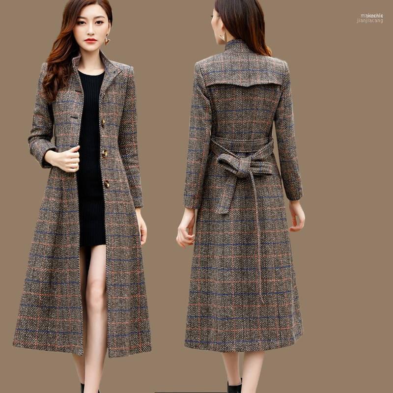 

Women's Wool Women's & Blends 2022 Spring Autumn Stand Collar Plaid Woolen Windbreaker Coat Elegant Temperament Slim Long Overcoat, Gray