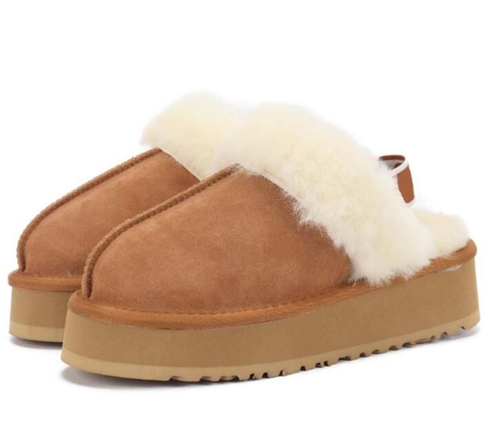 

Fluff Yeah Slide Australia Sheepskin Suede Funkette Slippers Sherpa Disquette Women's Platform Shearling Fur Lined Slide Sandal Slip On Flat Booties Black and Khaki, Box