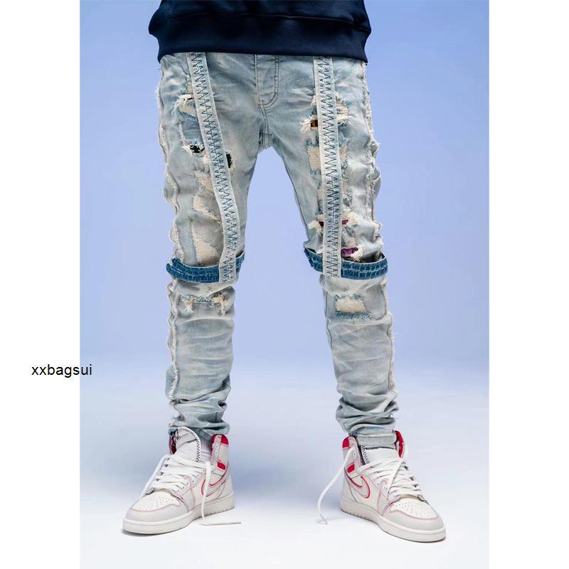 

designer jeans Ch amirs high street fashion brand washing water Vintage Blue worn hole patch knee strap Slim Fit Jeans Men
