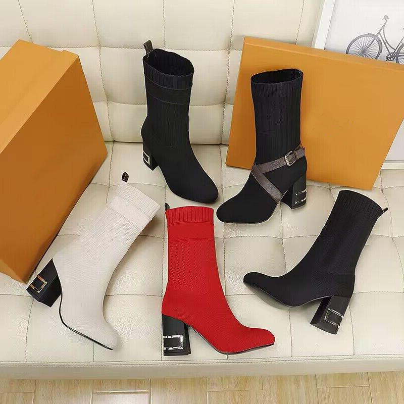 

autumn winter socks heeled heel boots fashion sexy Knitted elastic boot designer Alphabetic women shoes lady Metal Letter Thick high heels Large size 35-41-42 With box, White