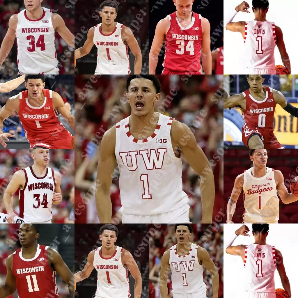 

NCAA Wisconsin Badgers Basketball Jersey Johnny Davis Brad Davison Tyler Wahl Steven Crowl Chucky Hepburn Lorne Bowman II Jahcobi Neath Ben, Red