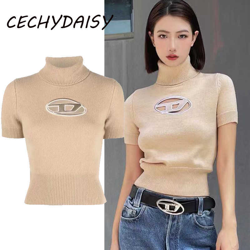 

Sweaters Knitted Turtleneck Sweater Women High Street Solid Casual Designer Short Sleeve Hollow Out Sexy Crop Tops Pull Femme Clothing Za Y2211, As picture