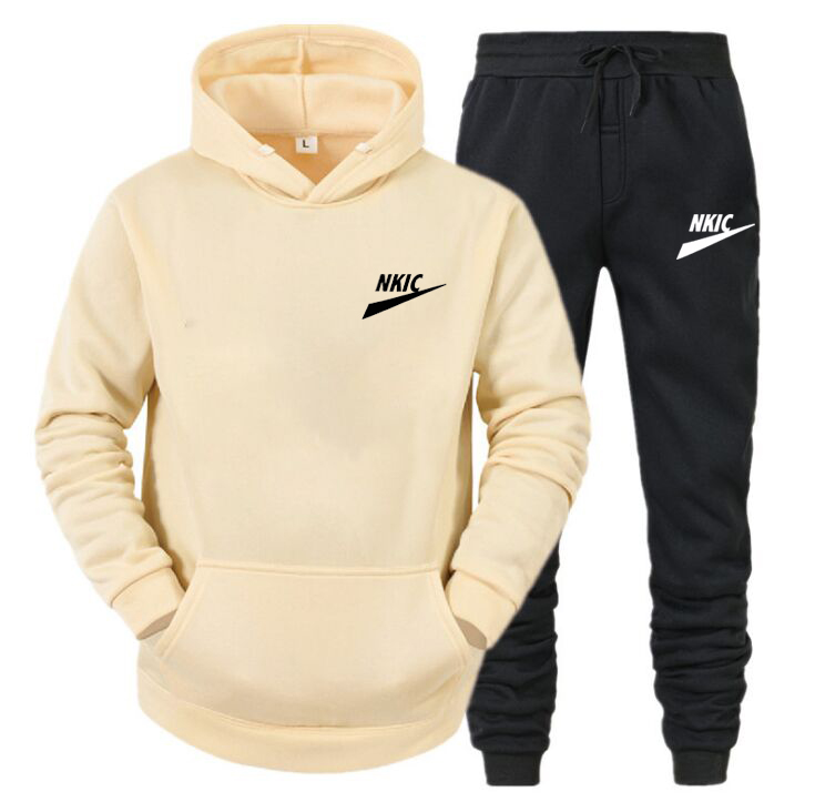 

Solid Men' Tracksuit Hooded Pullover Sweatpants Sports Suit Casual Jogger Sportswear 2 Piece Male Fleece Streetwear Sets, Beige