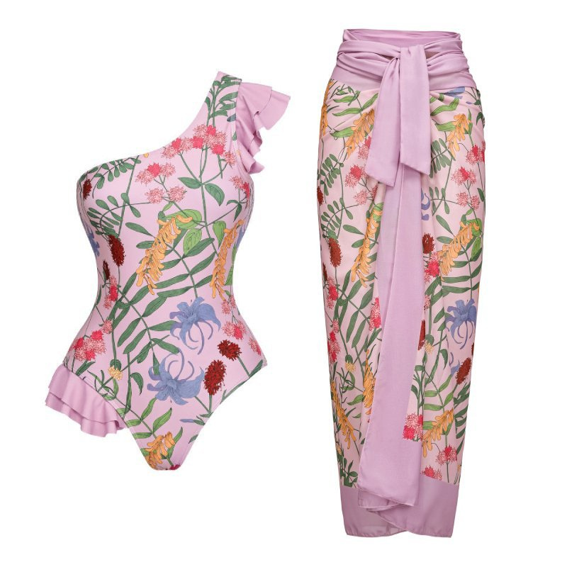 

Pink Swimsuit Womens Beach Dress Retro One Shoulder Swimwear Swim Skirt Spring Holiday Bathing Suit, Pink swimwear