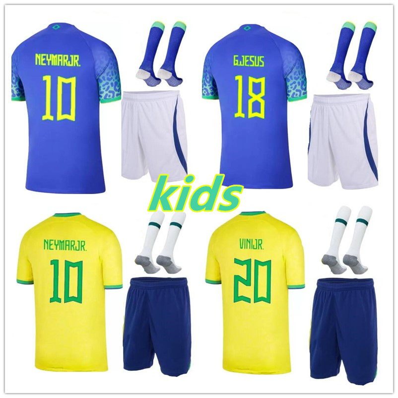 

Brazils soccer jersey kids 2022 VINI JR PELE FIRMINO JESUS 22 23 Brazilian football shirt Uniform Shorts and socks