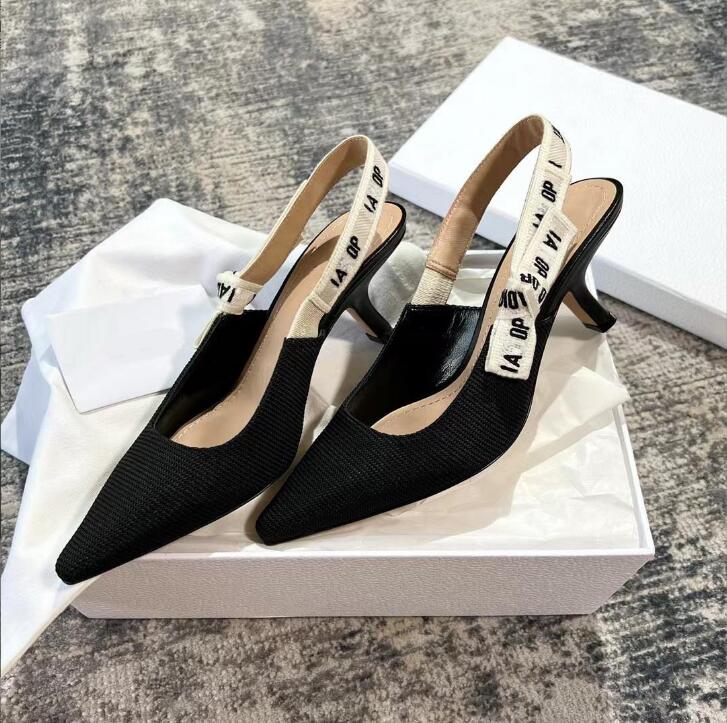 

Summer Women Sandals Pointed Cat Heel 6.5cm 9.5cm High-heeled Shoes Wear Family Letters Bow Knot Wrapped Back Empty Thin Heels Versatile Single Shoe with box, Black matte