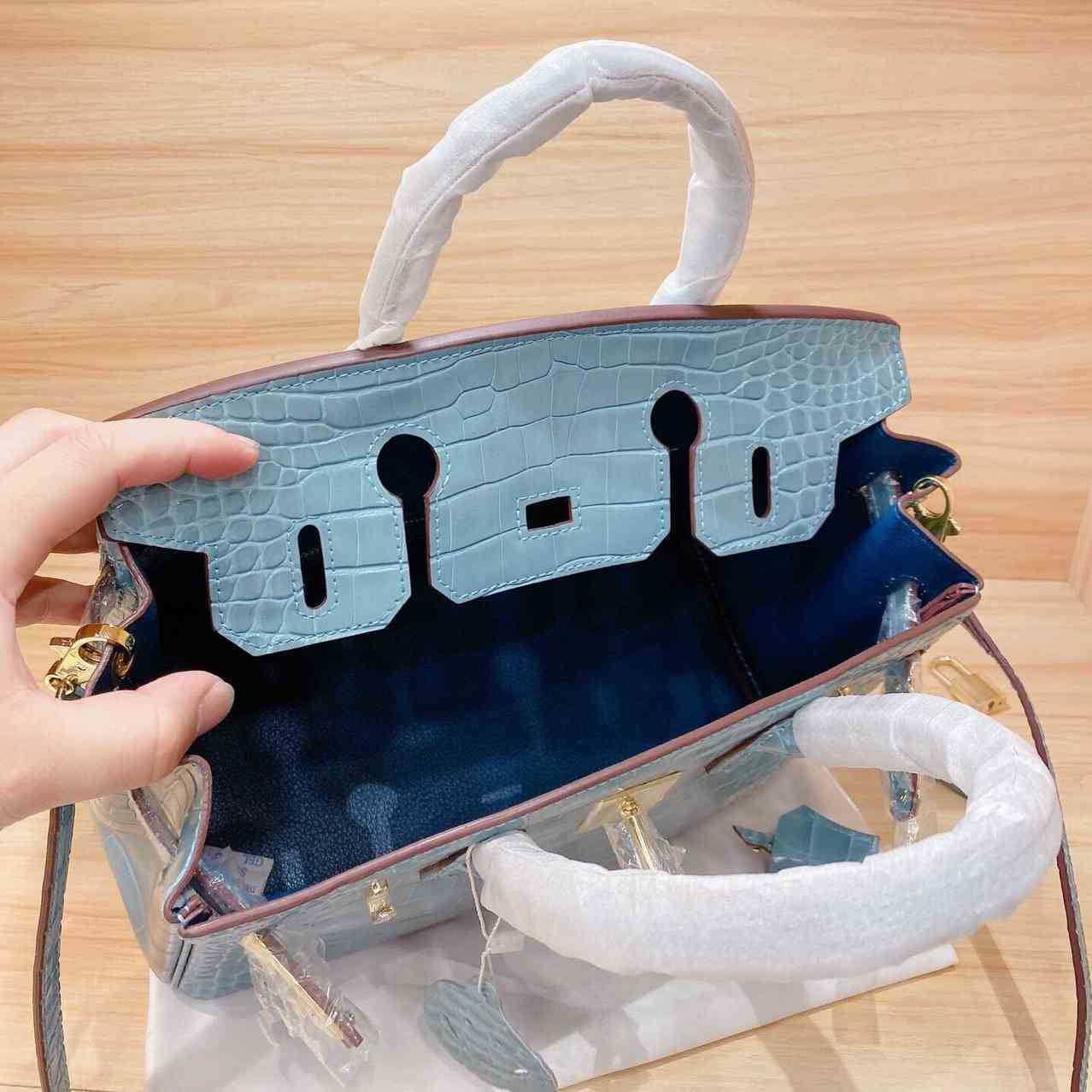 

Luxury Bags High Quality Hemess Luxurys Handbags Bag Women Square Alligator Blue Hard Handle Medium Solid Color Strap Buckle Cover Leather 7MR2, 30cm