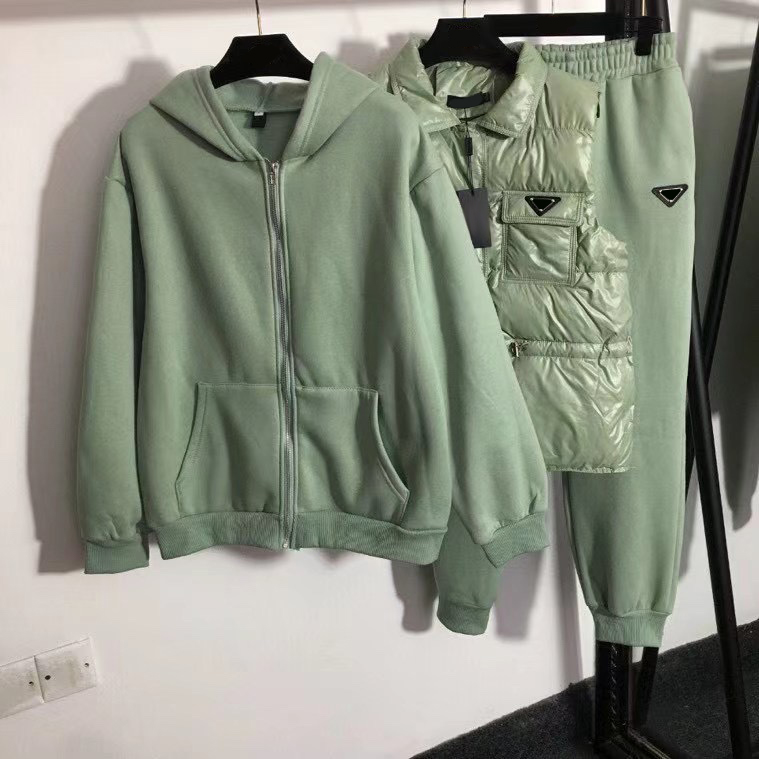 

Casual Down Vests Tracksuits Zipper Hooded Coats Autumn Winter Plush Pants Women Thick Warm 3 Piece Set, Black