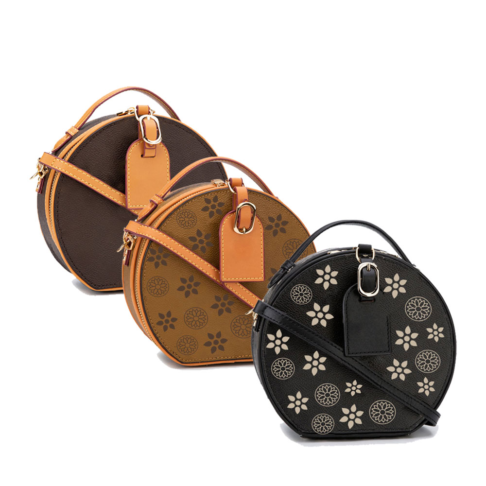 

Women Circular Crossbody Bag Classic Round Handbags Designers Shoulder Purse Old Flower Genuine lvc Leather Strap Handle Luxury Lady Cosmetic Wallet 3 color, 44813-6