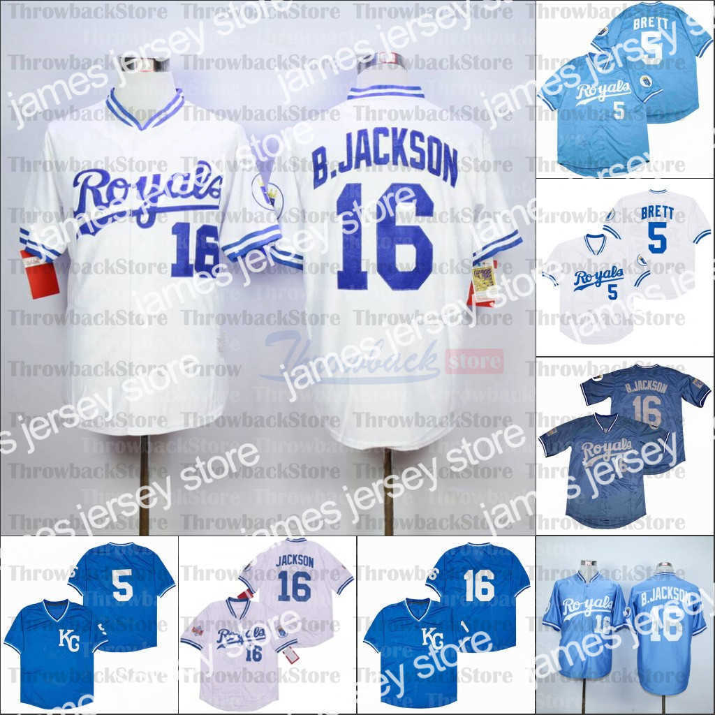 

Baseball Jerseys Retro Baseball Home Jersey 16 B.JACKSON 5 BRETT blue white lightblue I, As photo