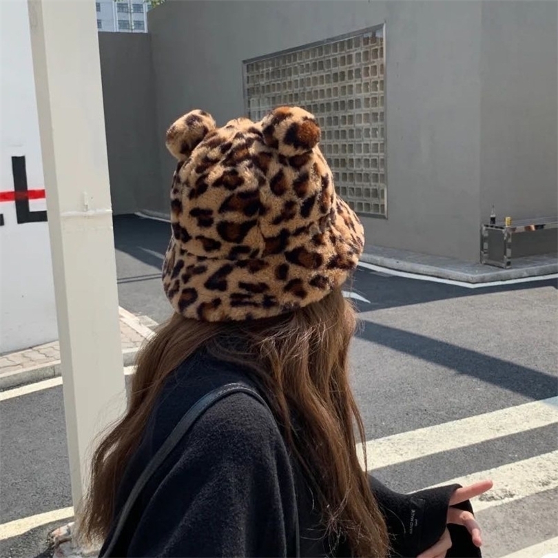 

Wide Brim Hats Bucket Hats Winter Fashion Cute Leopard Print Bear Ear Bucket Hat Women Thick Warm Faux Fur Fisherman Hat Outdoor Panama Hat 221104, Khaki