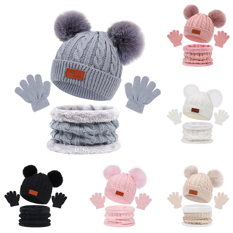 

3PCS Baby Hat with Scarf Winter Knitted Cotton Toddler Cap for Kids Boy Girl Infant Hairball Bonnet Scarf Set Warm Accessories, Gray