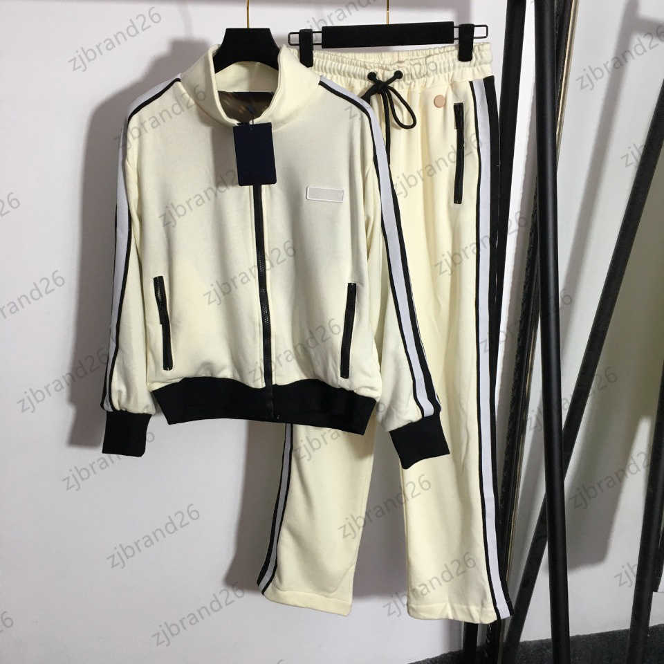 

Womens Brand Two Piece Pants Print Lined Stand Collar Pocket Zipper Cuff Jacket Tops Lace-up Contrast Color Stripe Loose Trousers Women Apparel 2 Colors