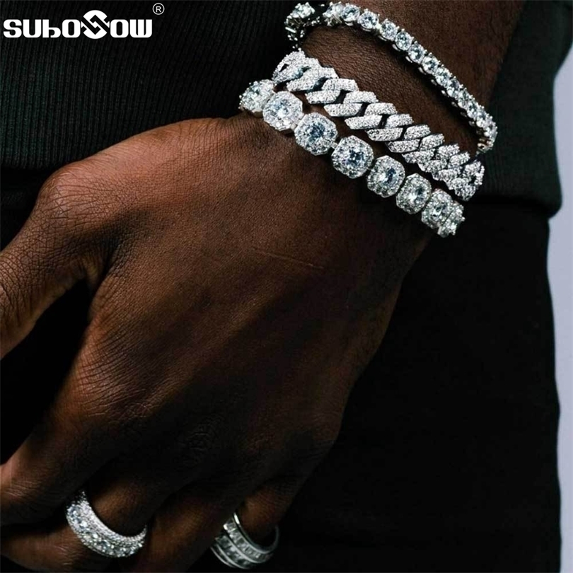 

Charm Bracelets Bling Iced Out Chain Prong Cuban link for Men Gold Silver Color Crystal Tennis y HipHop Jewelry 221104
