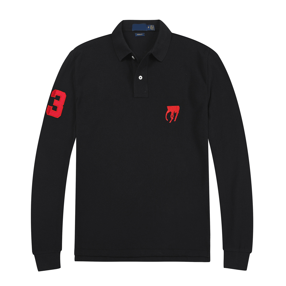 

Mens designer Polos Long sleeve lapel T-shirt Classic casual top delicate embroidery 3 number European and American style sportswear T-shirt Tees big horse, Black+white