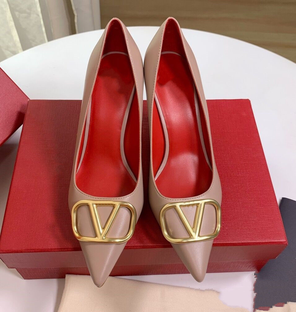 

Women High Heel Shoes Sandals Classics Pointed Toe Shiny Rhinestone Metal V Buckle Genuine Leather 6cm 8cm 10cm Thin Heels Women's Wedding Shoes with Box 34-44, Dark nude