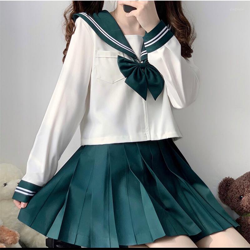 

Clothing Sets Japanese School Uniform JK Girl Green Style Suit Shirt Sailor Sexy Women Rock Double, Long sleeve skirt