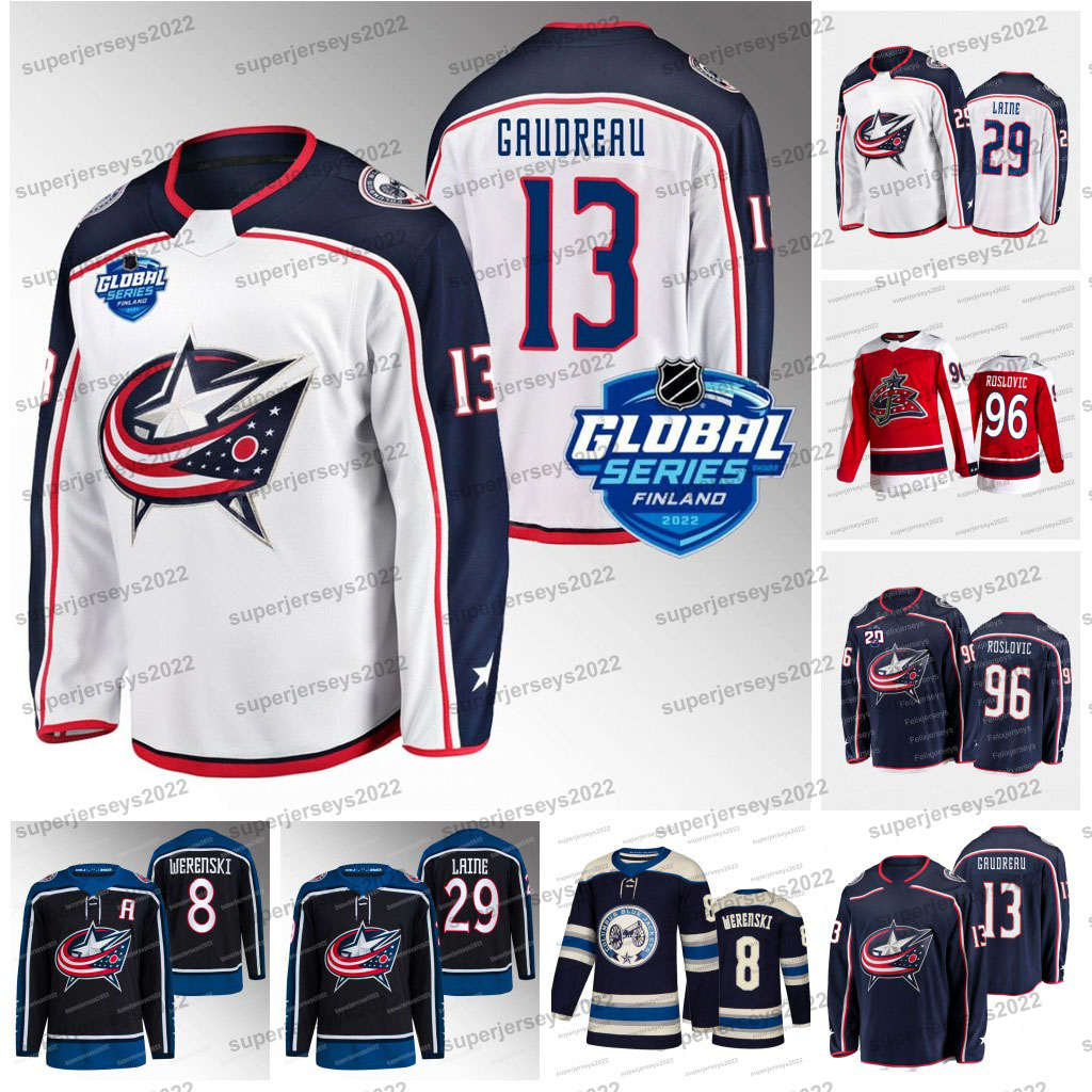 

13 Johnny Gaudreau Blue Jacket 2022 Global Series Jerseys Jakub Voracek Patrik Laine Gustav Nyquist Zach Werenski Jack Roslovic Boone Jenner Vladislav Gavrikov, Third jersey youth s-xl