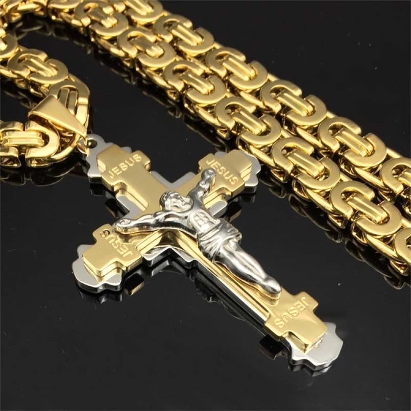 

Pendant Necklaces Heavy Crucifix Jesus Cross Necklace Stainless Steel Christs Gold Byzantine Chain Men Jewelry Gifts 24" 221105