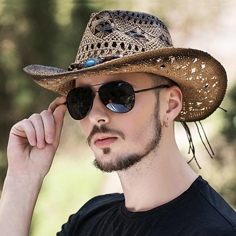 

Berets Vintage Woven Straw Hat Fashion Sun Beach Cap Jazz Party Western Cowboy Men Summer UV Protection Po Props, Brown