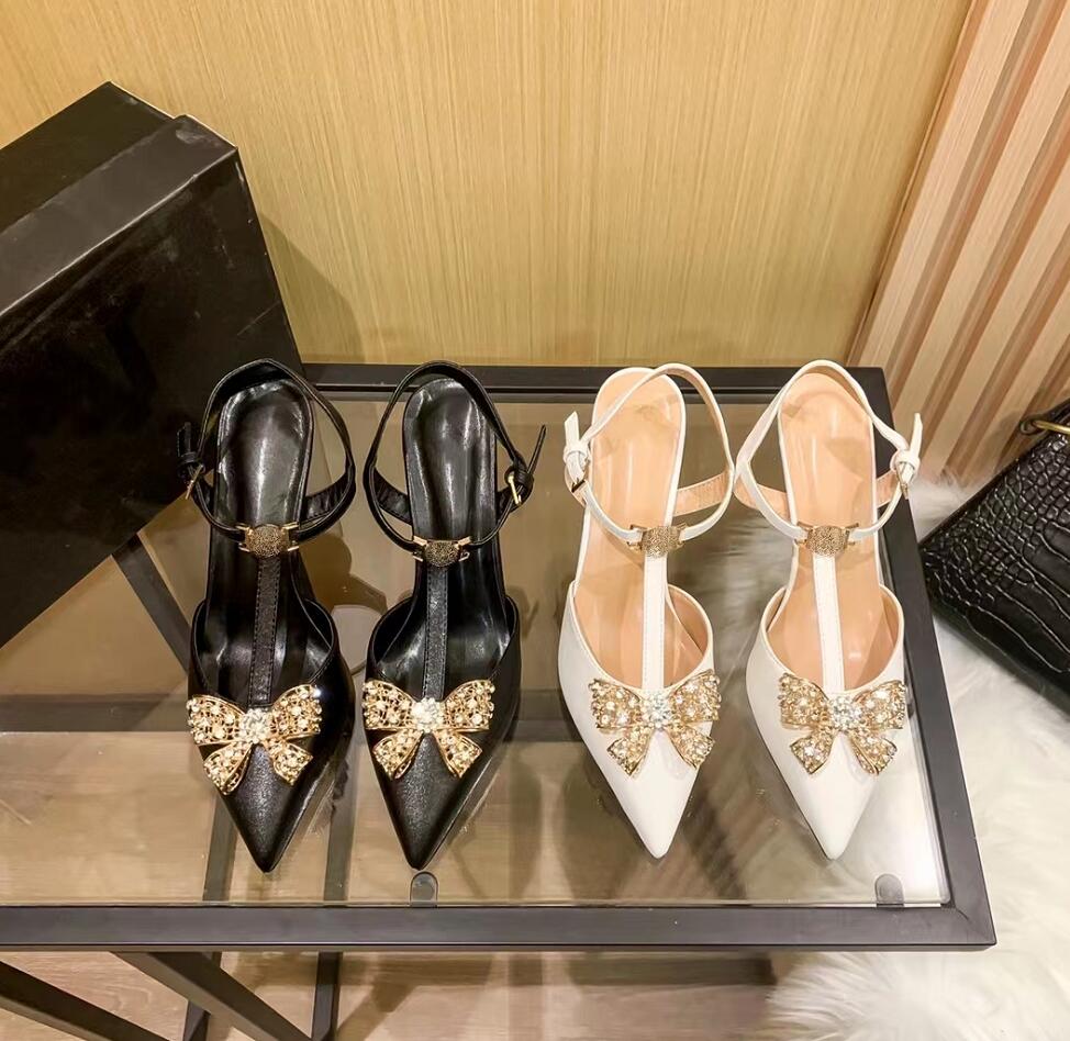 

Designers Low Heel Sandals Fashion Crystal Bowknot Women Summer Sandal Luxury Head Kitten Heel Dress Shoes Sexy Buckle Latch Leather Designer Shoe, 02
