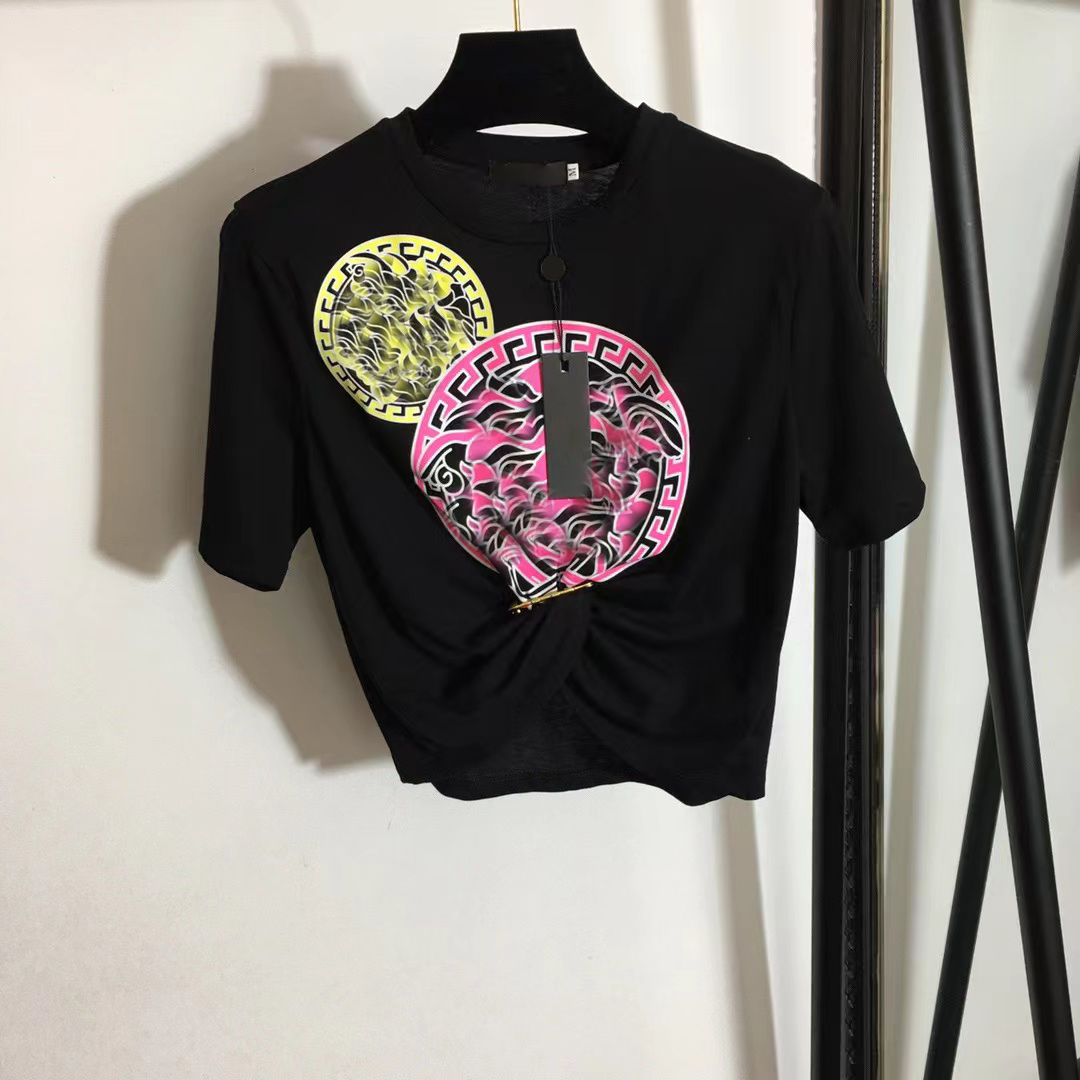

22 Designers T-shirts Fashion T Shirts Women Chest color Letter Shirt A portrait printing Pin tucked waist short sleeved T-shirt Casual Luxurys vercace SML Tops Tees