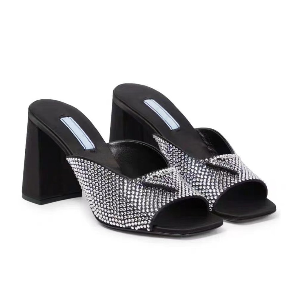 

Slippers Mules Shoes Womens Slides High Heels Shoes Factory Footwear Rhinestone real silk Chunky Block Slip-On Open Toe Luxury Designers Street Style, 1# flat bottom