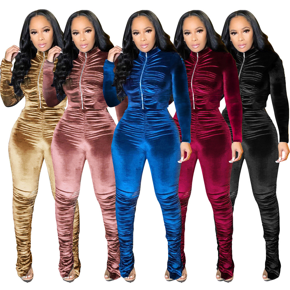 

Velour Two Piece Pants Casual Tracksuits Women Zipper Jacket and Bottoms Outfits Set Wear Free Ship, Blue