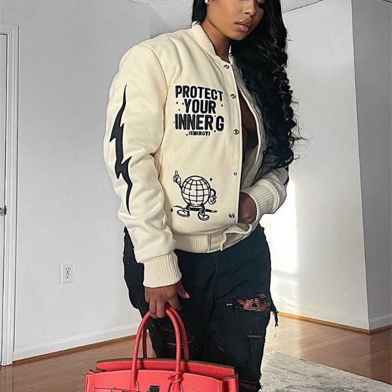 

Fashion Womens Jacket Fall And Winter Baseball Uniform New Letter Printing Casual Jacket Stand Collar Coat, Apricot