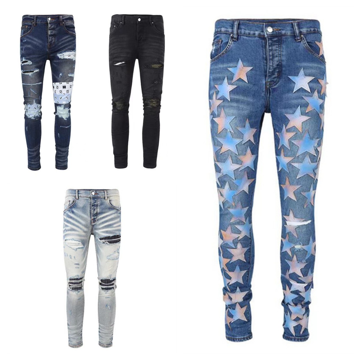 

Clothing jeans Men Women Hip hop pants Long Distrressed Cotton Rabbit Sticker Embroidery Stretch Black Fashion Slim Fit Washed Motocycle Denim 30-40 Jean Motorcycle