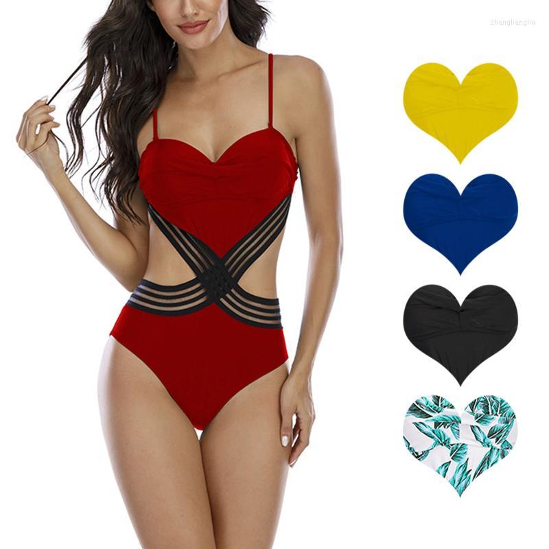 

Swimwears Sexy Mesh Monokini One Piece Swimsuit 2022 Women Heart-shaped Halter Push Up Swimwear Ruched Bathing Suit Swimming