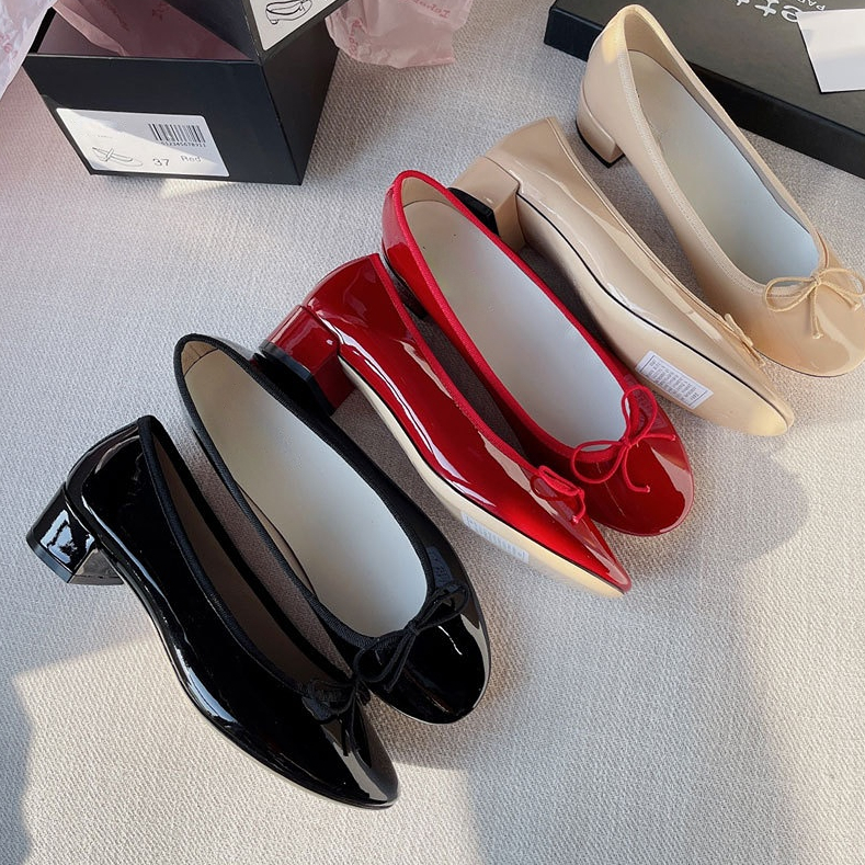 

Dress Shoes Round Toe Ballet Low Heel Bow Pumps Top Flat Patent Leather Small Red 221105, Flat red