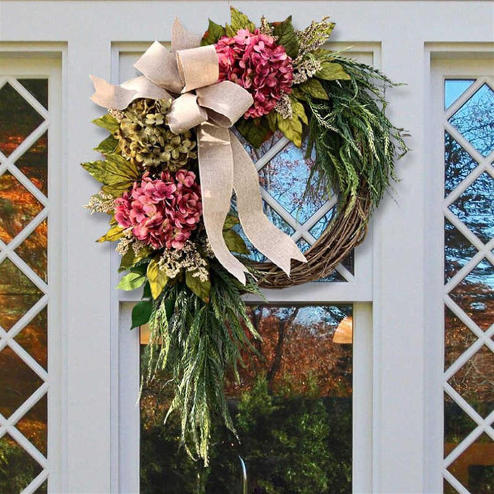 

Farmhouse Pink Hydrangea Wreath Rustic Home Decor Artificial Garland for Front Door Wall Decor Q0812270s