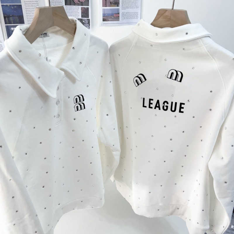 

Miu designer sweater women polo shirt diamond inlaid long sleeved sweatshirt fashion long sleeved tshirt womens lapel hoodie, White1