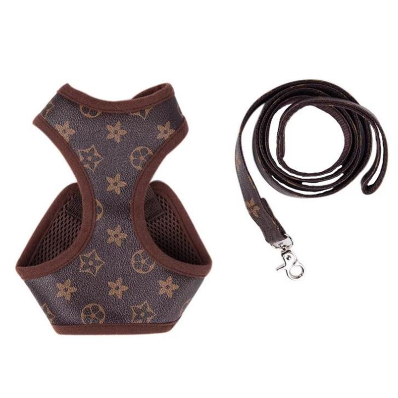 

New Pet Chest And Back Leashes Leather Dog Harness Leash Set Out Walking Dogs Cats Designer Flower Lead Fashion Pets Supplies322b