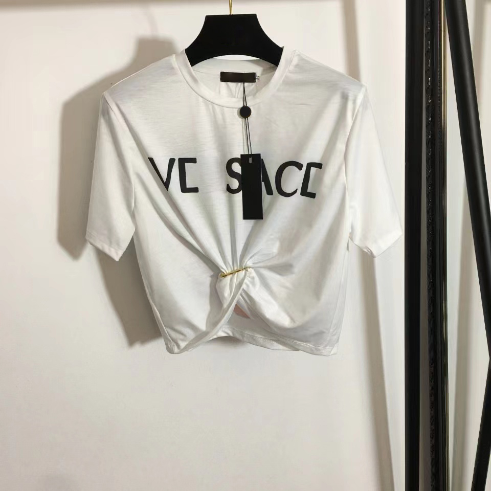 

22 Designers T-shirts Fashion T Shirts Women Chest Letter Shirt Big pins flowers printing Pin tucked waist short sleeved T-shirt Collect waist Tops Tees vercace SML