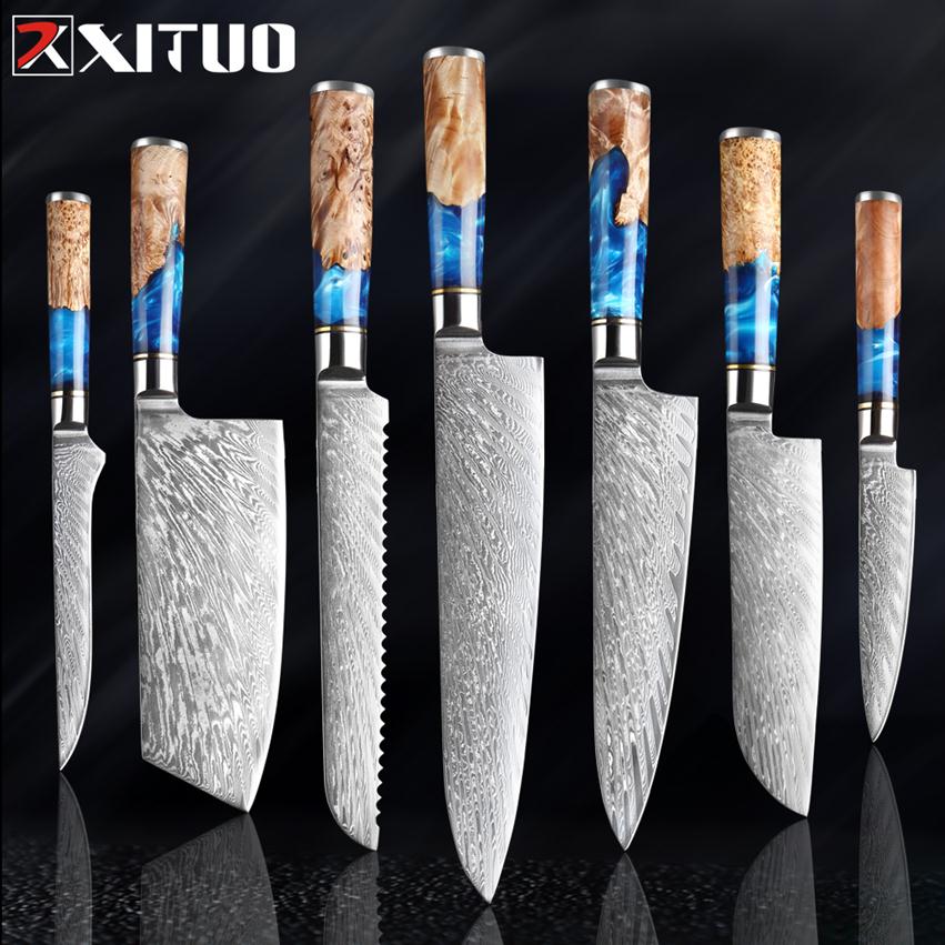 

XITUO Kitchen Knives-Set Damascus Steel VG10 Chef Knife Cleaver Paring Bread Knife Blue Resin and Color Wood Handle Cooking Tool258p