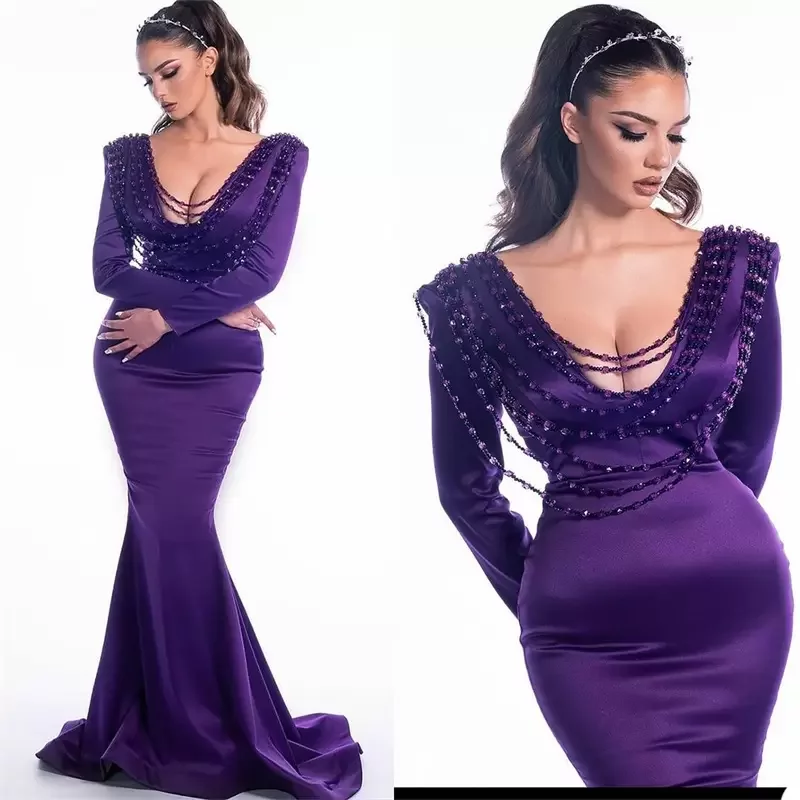 

Royal Purple Evening Dresses Glitter Beading Ruched Satin Mermaid Prom Dress Long Sleeves V Neck Robe Party Pageant Gowns, Chocolate
