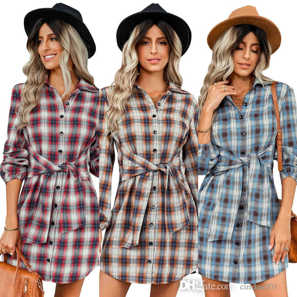 

Womens Fall Clothes Designer Dress Autumn Single Breasted Fashion Plaid Tie Waist Bodycon Long Sleeve Shirt Dresses, Blue