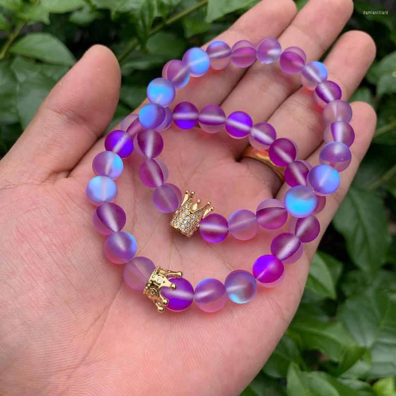 

Charm Bracelets 2pcs/set CZ Crown Charms Women Bracelet Stone Purple Crystal Moonstone Beads For Jewelry Accessories