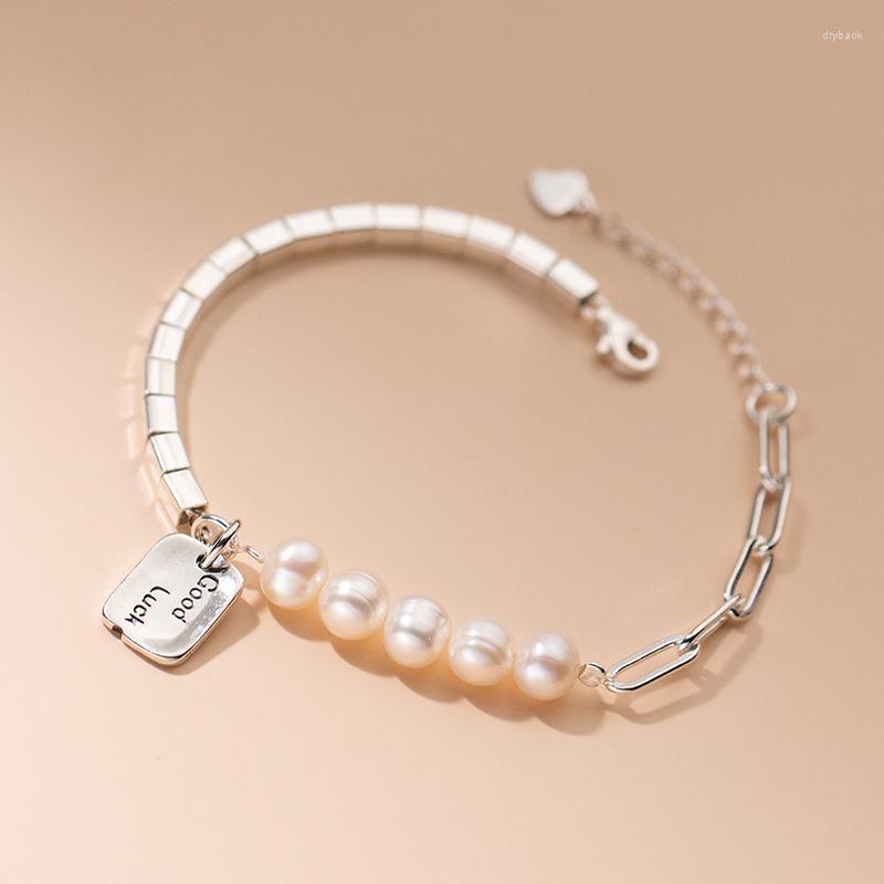 

Link Bracelets Fashion Vintage Retro Silver Color Chain Pearl Letter Good Luck Charm For Woman Jewelry Accessories 2022