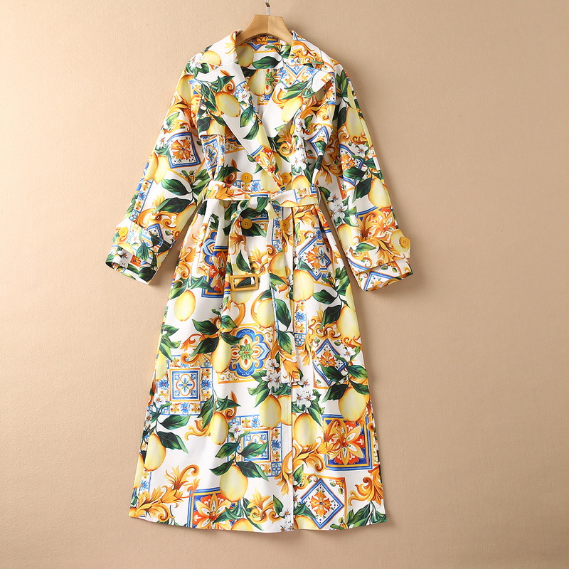 

2022 Autumn Notched-Lapel Lemon Trench Coat Floral Print Belted Long Sleeve Buttons Double-Breasted Split Long Outwear Coats S1S070811, Yellow