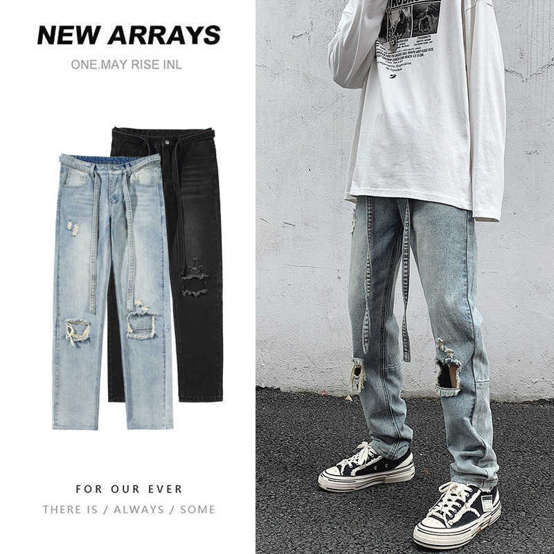

Pants Men' Fashion Fog Jeans High Street Broken Men Brand Hip Hop Cut Beggar Justi Biber Ripped Slim Fit Designer Luxury Elastic Y2K, Black