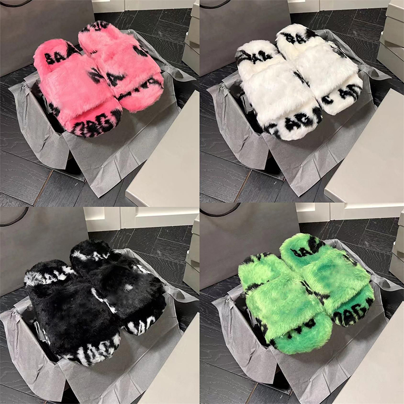 

2023 Designer Furry Sliders Women Fur Slippers Wool Slipper Printed Pattern Winter Indoor Soft Fluffy Sandals Fashion Warm Shoes Winter Plush Platform Flats Heel, White