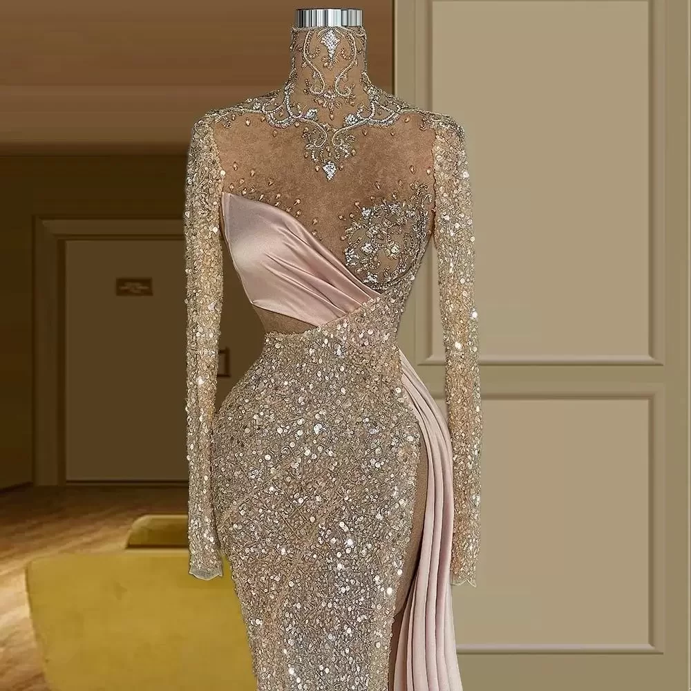 

Pink Side Split Sexy Mermaid Prom Dresses Sparkly Crystal Beaded High Neck Long Sleeve Evening Gowns Arabic Special Occasion Dress Wear, Dark navy